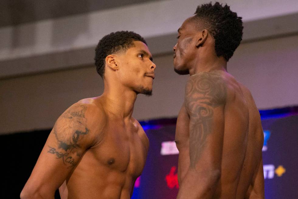 Shakur Stevenson, left, and Jeremiah Nakathila, face off during a weigh-in event at the Virgin ...