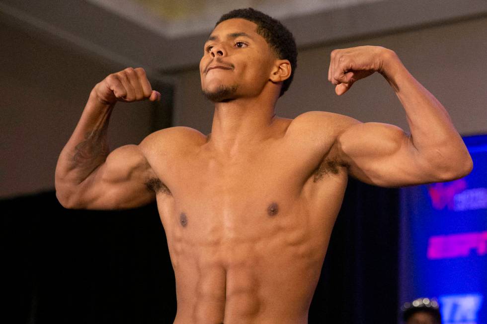 Shakur Stevenson poses during a weigh-in event at the Virgin Hotels Las Vegas casino-hotel in L ...