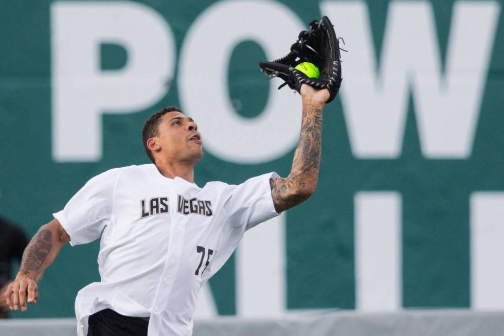 Golden Knights right wing Ryan Reaves makes a catch in left field during the Battle For Vegas C ...