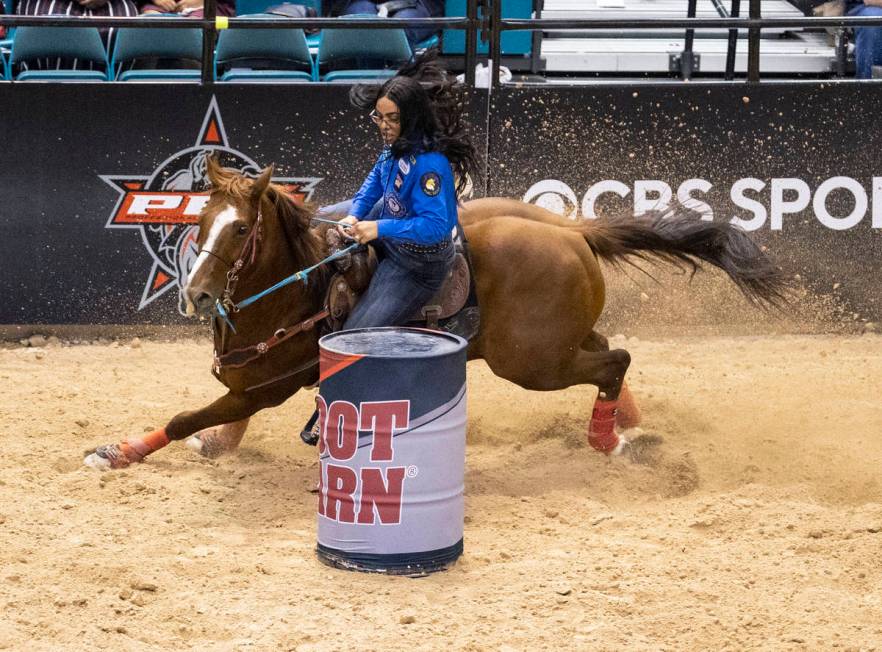 Aleeyah Roberts, of Colorado Springs, Colo., participates in the barrel race competition at the ...