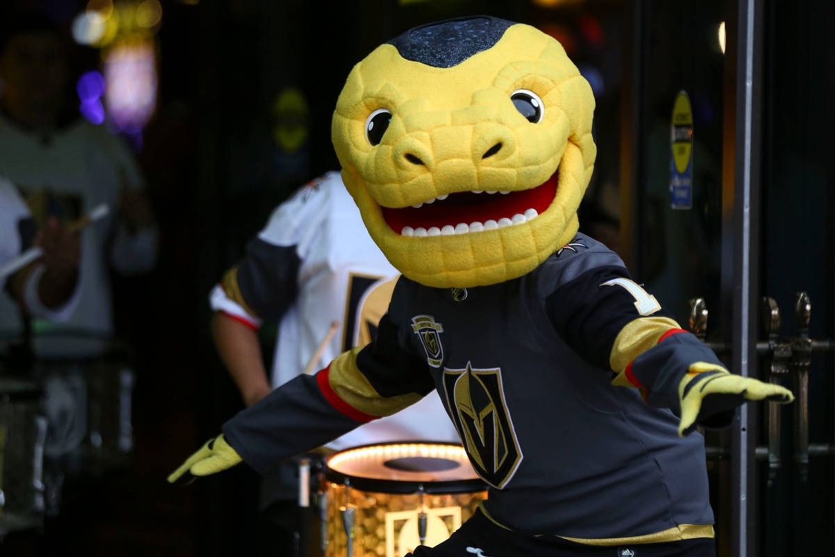 Golden Knights mascot Chance participates in a pregame parade at the New York-New York before a ...