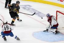 Vegas Golden Knights left wing Max Pacioretty (67) takes a shot at the goal against Colorado Av ...