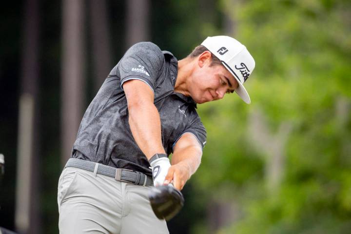 Garrick Higgo, of South Africa, hits off the third tee during the final round of the Palmetto C ...