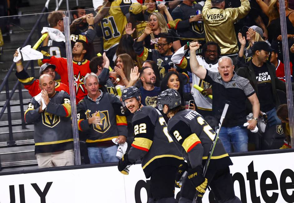 Golden Knights fans celebrate after a goal by Mattias Janmark, not pictured, during the second ...