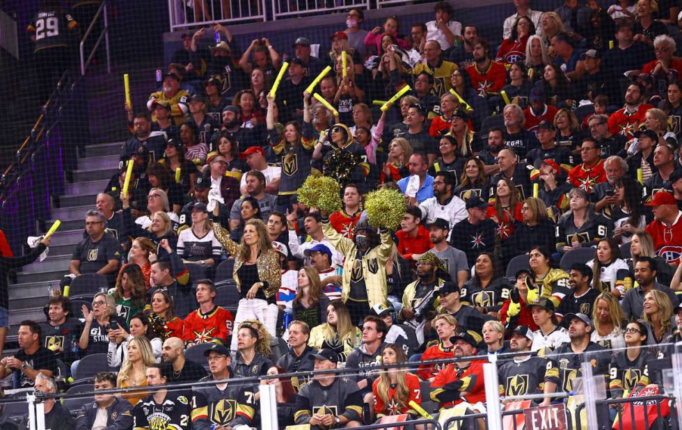 Golden Knights fans cheer during the second period of Game 1 of an NHL hockey Stanley Cup semif ...