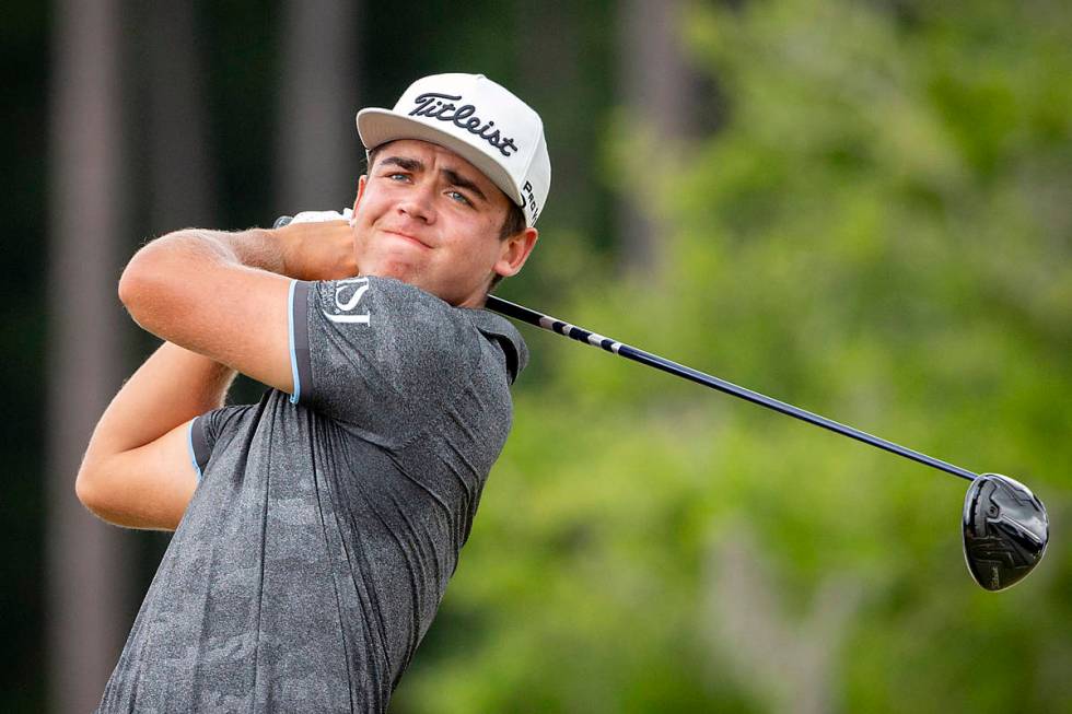 Garrick Higgo, of South Africa, hits off the third tee during the final round of the Palmetto C ...