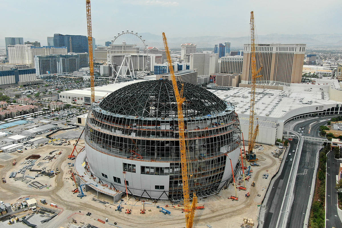 An aerial photo of the MSG Sphere at the Venetian showing the completed installation of massive ...