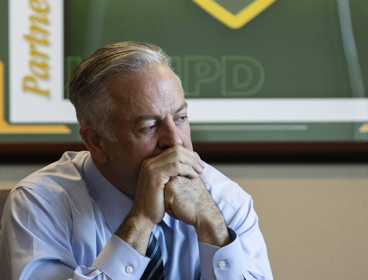 Clark County Sheriff Joe Lombardo listens reporters questions during an interview with the Revi ...