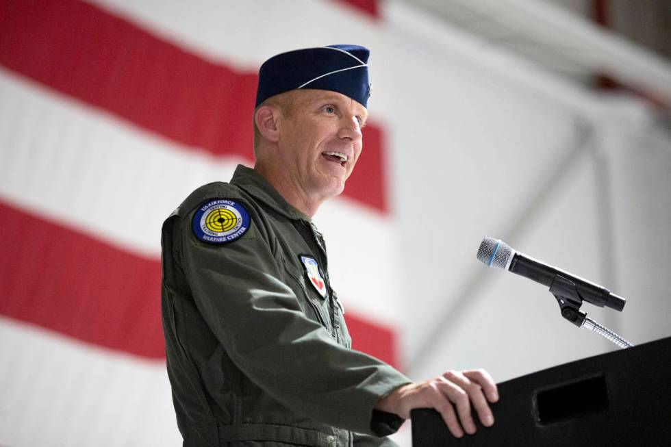 Maj. Gen. Case Cunningham speaks during a change of command ceremony at Nellis Thunderbird Hang ...