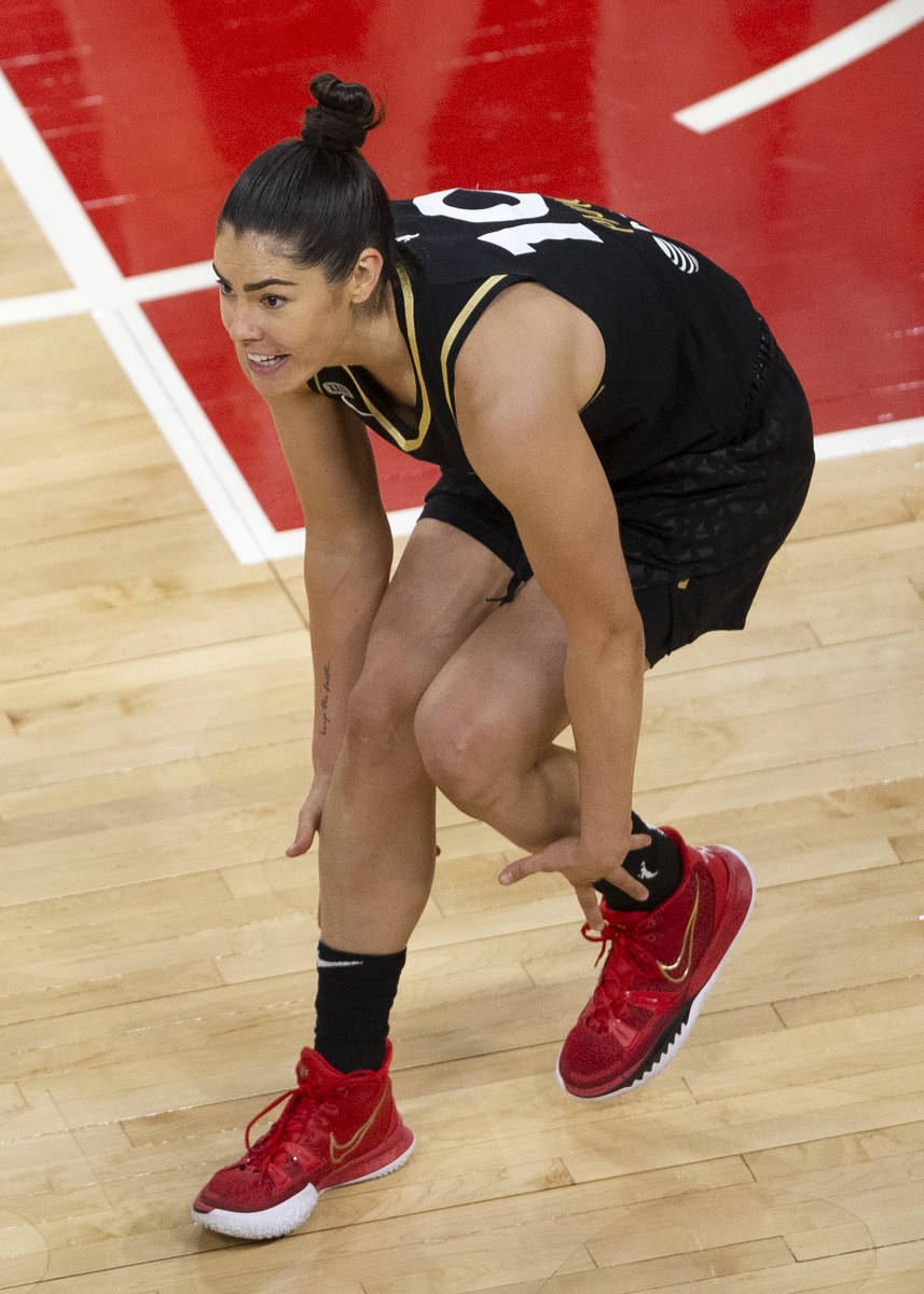 Las Vegas Aces guard Kelsey Plum (10) reacts and looks to a referee after getting a team foul a ...