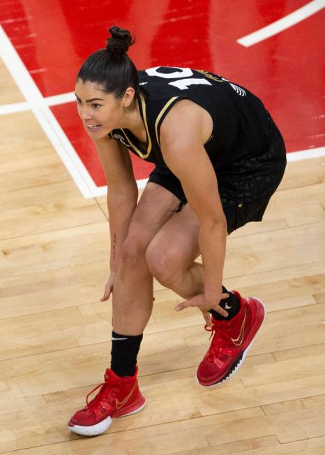 Las Vegas Aces guard Kelsey Plum (10) reacts and looks to a referee after getting a team foul a ...