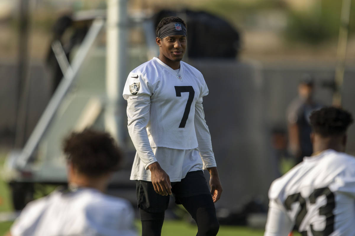 Raiders wide receiver Zay Jones (7) during an NFL football practice on Wednesday, June 16, 2021 ...