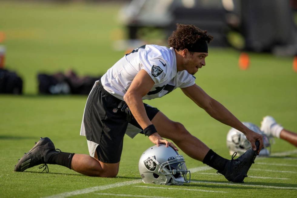 Raiders wide receiver Willie Snead (17) stretches during an NFL football practice on Wednesday, ...