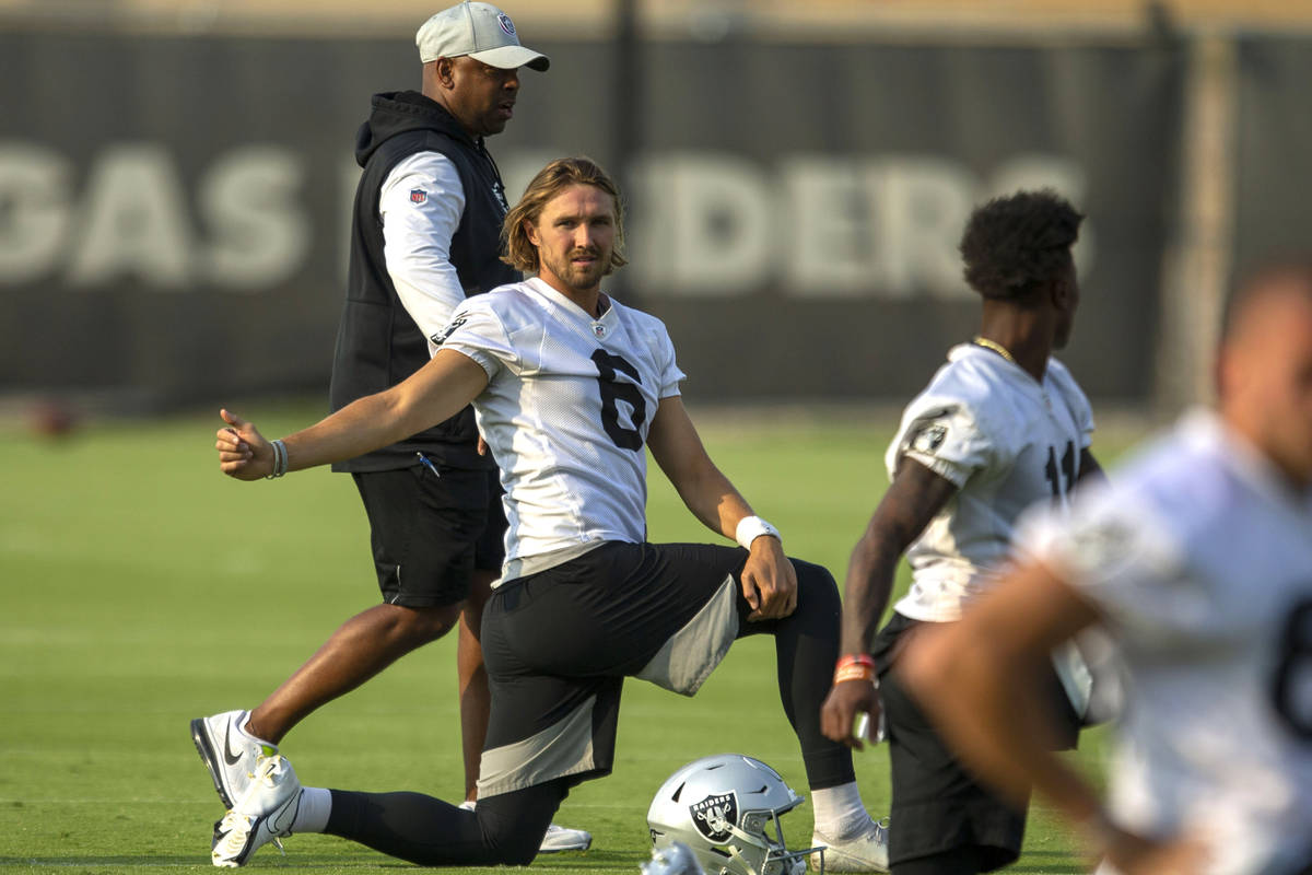 Raiders punter A.J. Cole (6) stretches during an NFL football practice on Wednesday, June 16, 2 ...