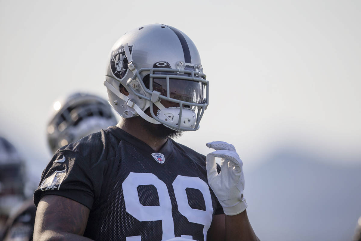 Raiders defensive end Clelin Ferrell (99) during an NFL football practice on Wednesday, June 16 ...