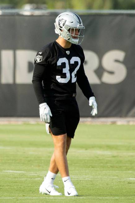 Raiders safety Dallin Leavitt (32) during an NFL football practice on Wednesday, June 16, 2021, ...