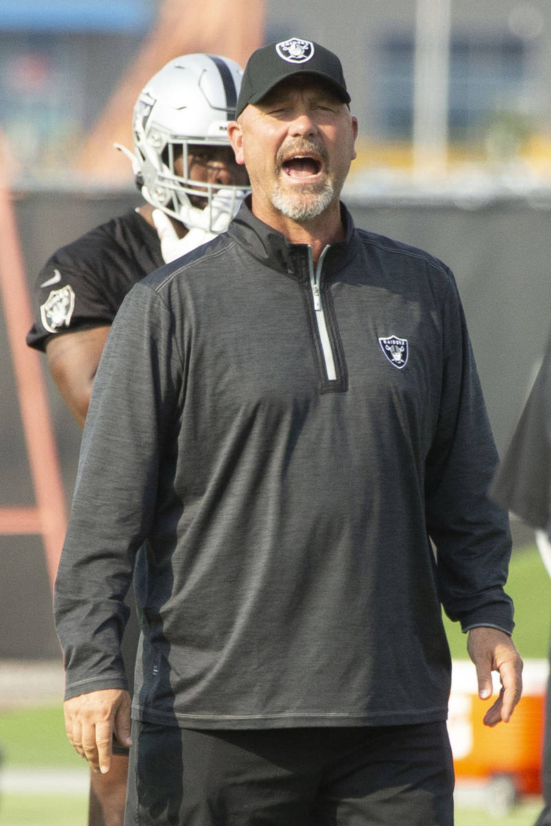 Raiders defensive coordinator Gus Bradley during an NFL football practice on Wednesday, June 16 ...