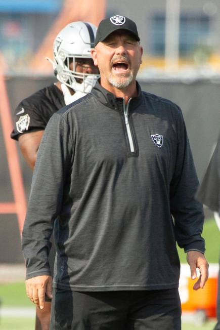 Raiders defensive coordinator Gus Bradley during an NFL football practice on Wednesday, June 16 ...