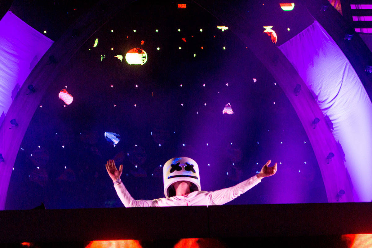 Artist Marshmello preforms on the stage cosmicMEADOW the third night of Electric Daisy Carniva ...
