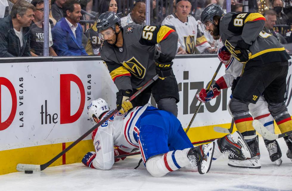 Golden Knights right wing Keegan Kolesar (55) controls the puck after checking Montreal Canadie ...