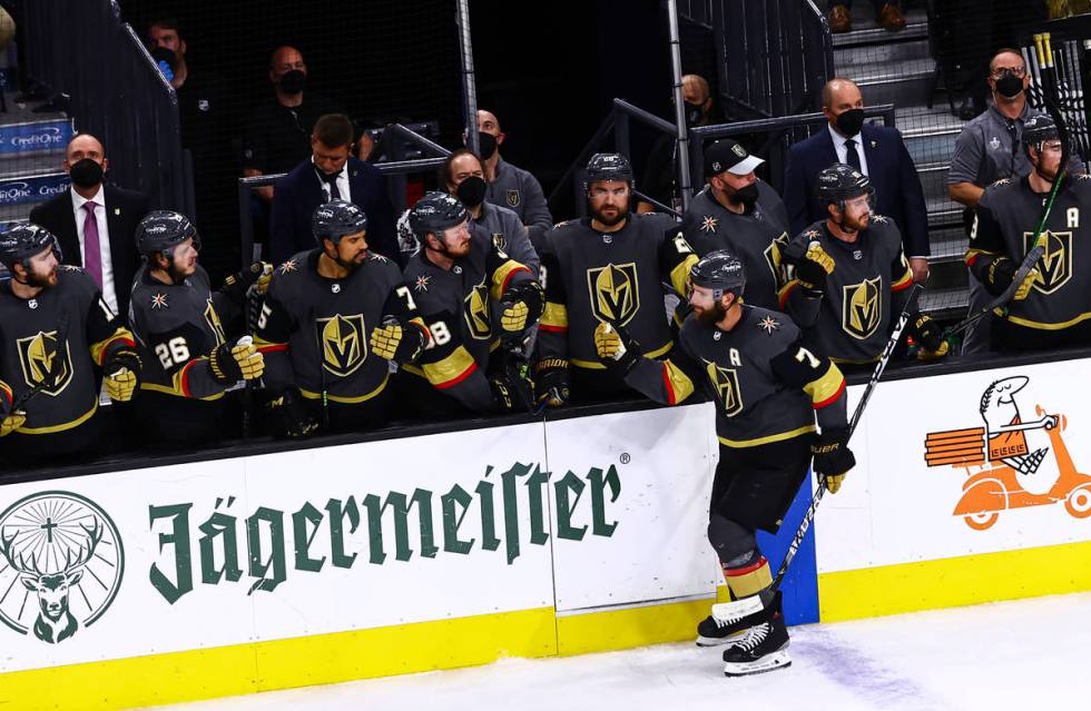 Golden Knights defenseman Alex Pietrangelo (7) celebrates his goal during the second period of ...