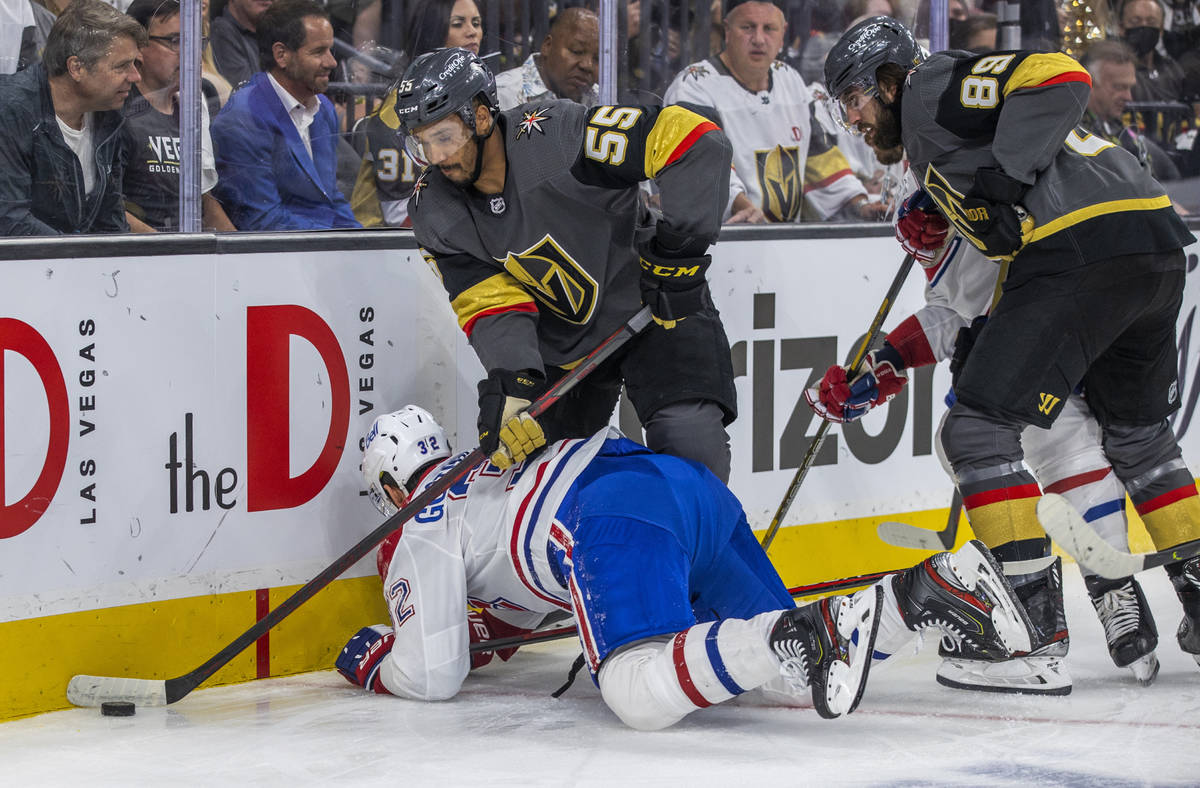 Golden Knights right wing Keegan Kolesar (55) controls the puck after checking Montreal Canadie ...