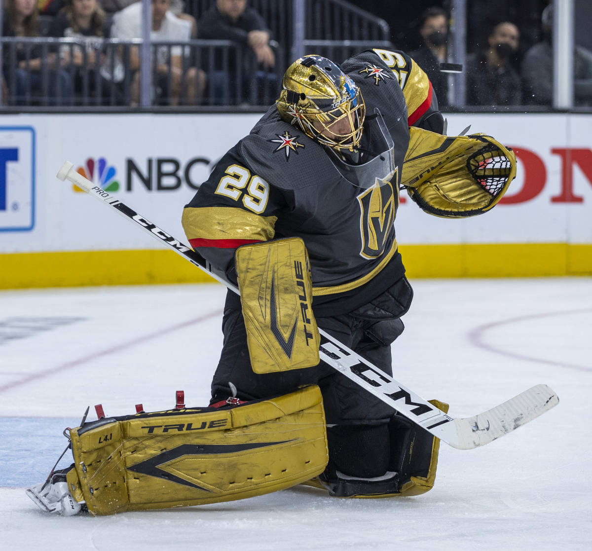 Golden Knights goaltender Marc-Andre Fleury (29) defends the net from a Montreal Canadiens shot ...