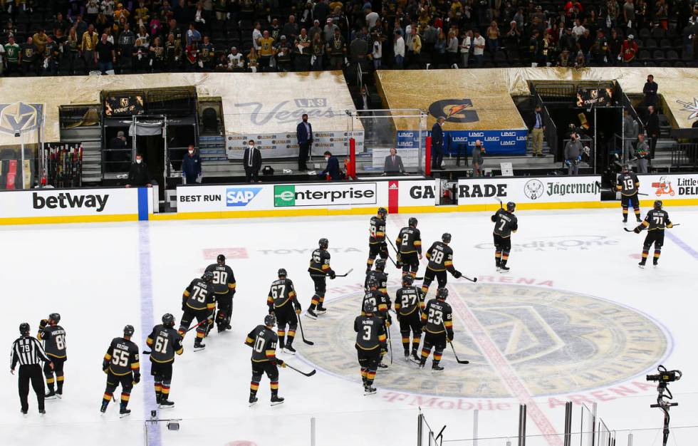 The Golden Knights skate off the ice following a 3-2 loss to the Montreal Canadiens in Game 2 i ...