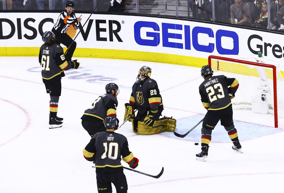 The Montreal Canadiens score the second of two goals past Golden Knights goaltender Marc-Andre ...