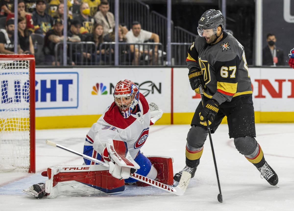 Montreal Canadiens goaltender Carey Price (31) deflects a shot on goal by Golden Knights left w ...