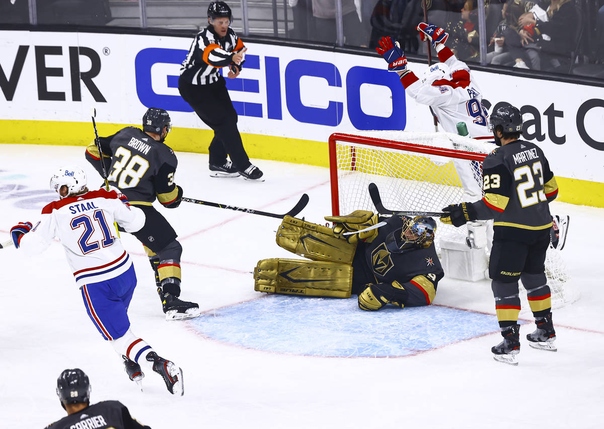 The Montreal Canadiens score the first of two goals past Golden Knights goaltender Marc-Andre F ...