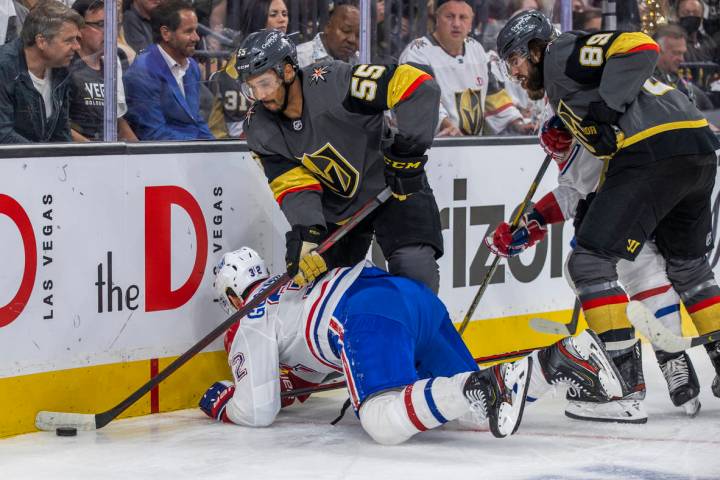 Golden Knights right wing Keegan Kolesar (55) controls the puck after checking Montreal Canadie ...