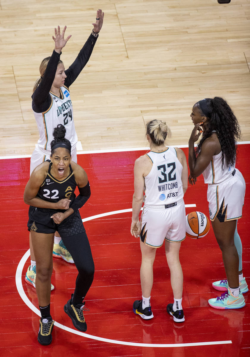 Las Vegas Aces forward A'ja Wilson (22) is pumped up after a foul and score over New York Liber ...