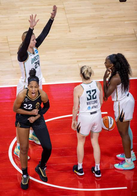 Las Vegas Aces forward A'ja Wilson (22) is pumped up after a foul and score over New York Liber ...