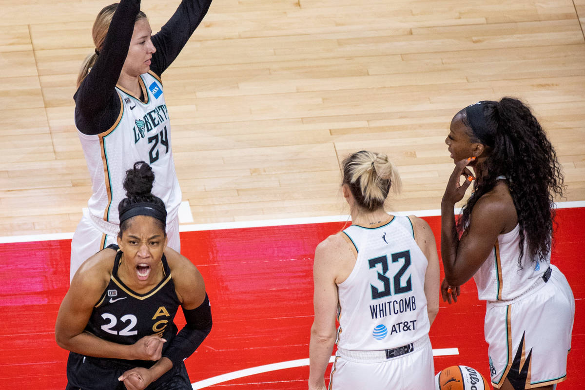 Las Vegas Aces forward A'ja Wilson (22) is pumped up after a score and a foul by New York Liber ...