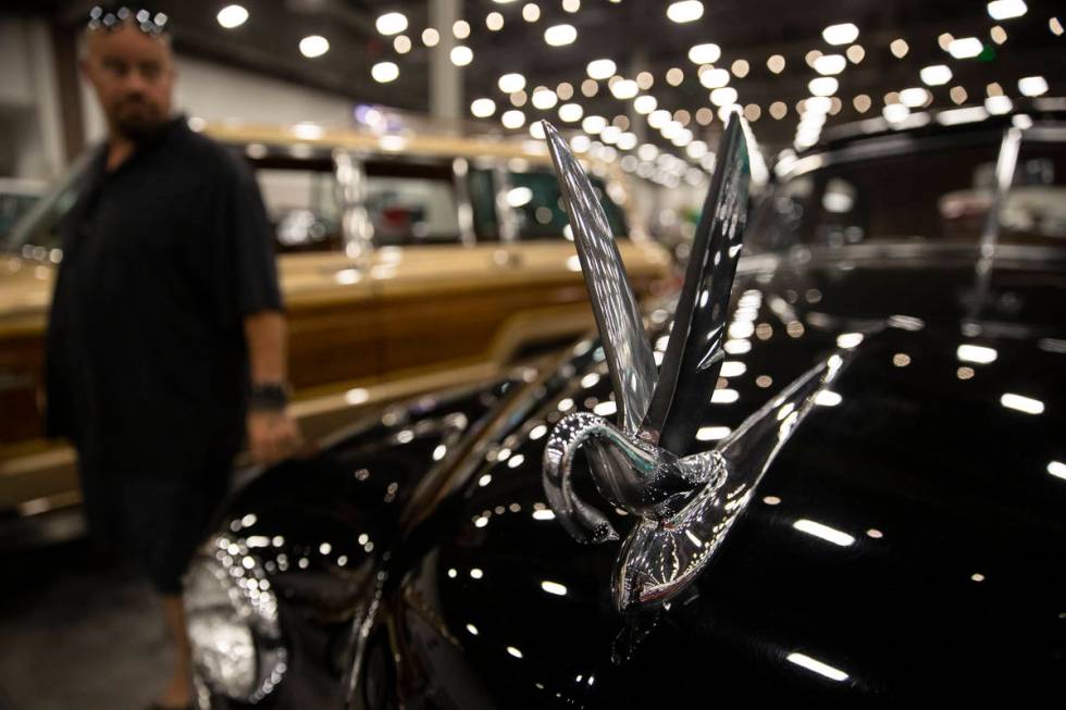 A swan hood ornament is seen on a car showcased in the Barrett-Jackson auction at the Las Vegas ...