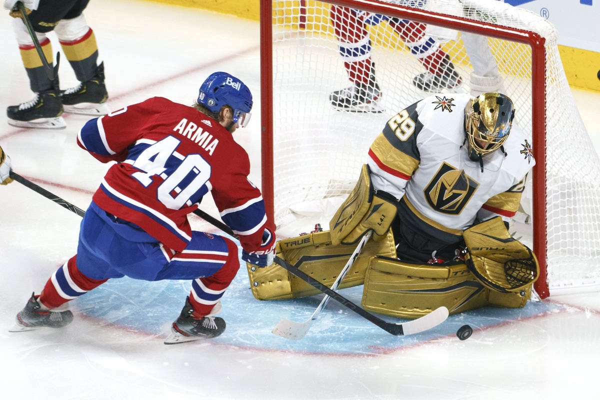 Vegas Golden Knights' Marc-Andre Fleury makes a save on Montreal Canadiens' Joel Armia during t ...