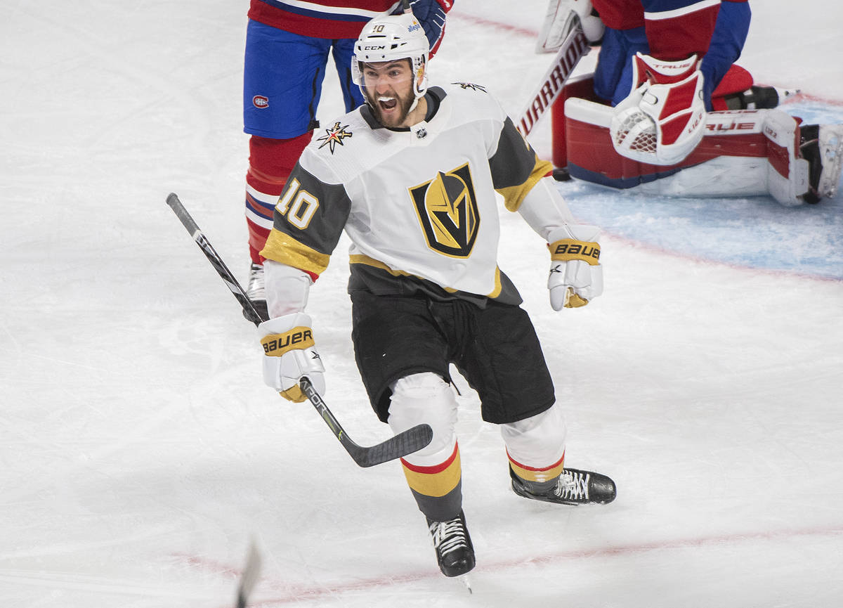 Vegas Golden Knights' Nicolas Roy (10) celebrates after scoring against the Montreal Canadiens ...