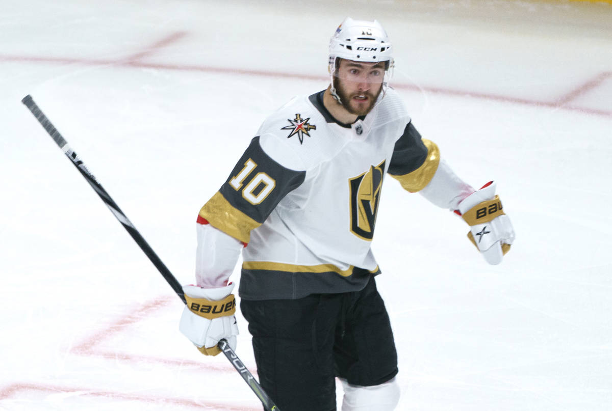 Vegas Golden Knights' Nicolas Roy celebrates his goal against the Montreal Canadiens during the ...