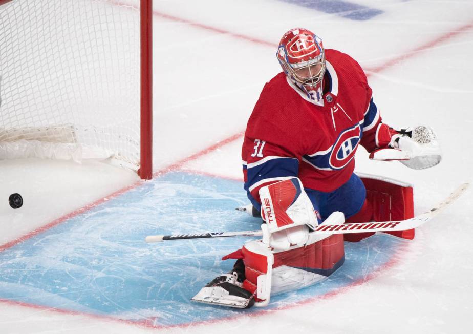 Montreal Canadiens goaltender Carey Price gives up a goal to Vegas Golden Knights' Alex Pietran ...