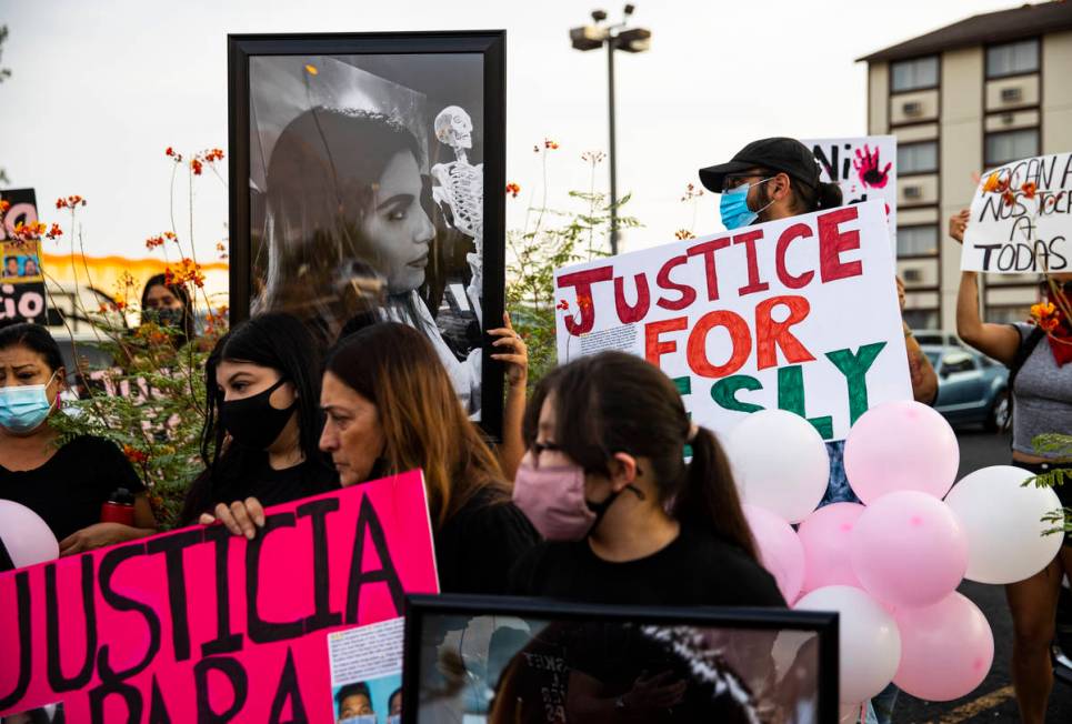 People gather in memory of Lesly Palacio, who was found slain near Valley of Fire State Park, a ...