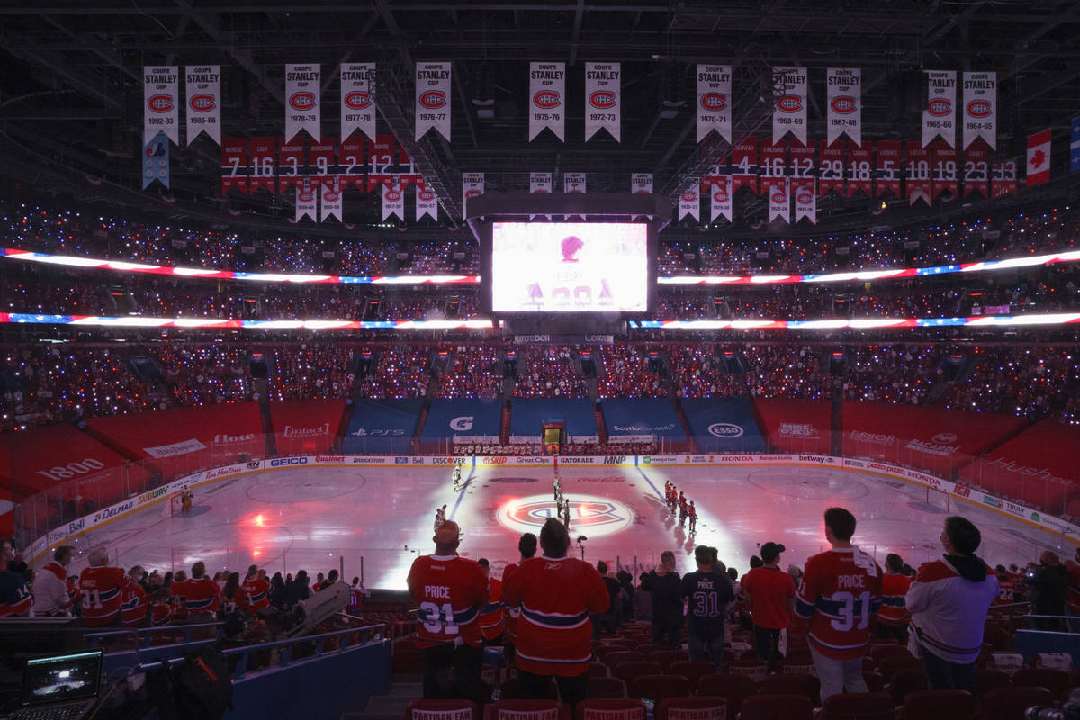 Fans stand for the national anthems prior to Game 3 of the NHL hockey Stanley Cup semifinal bet ...