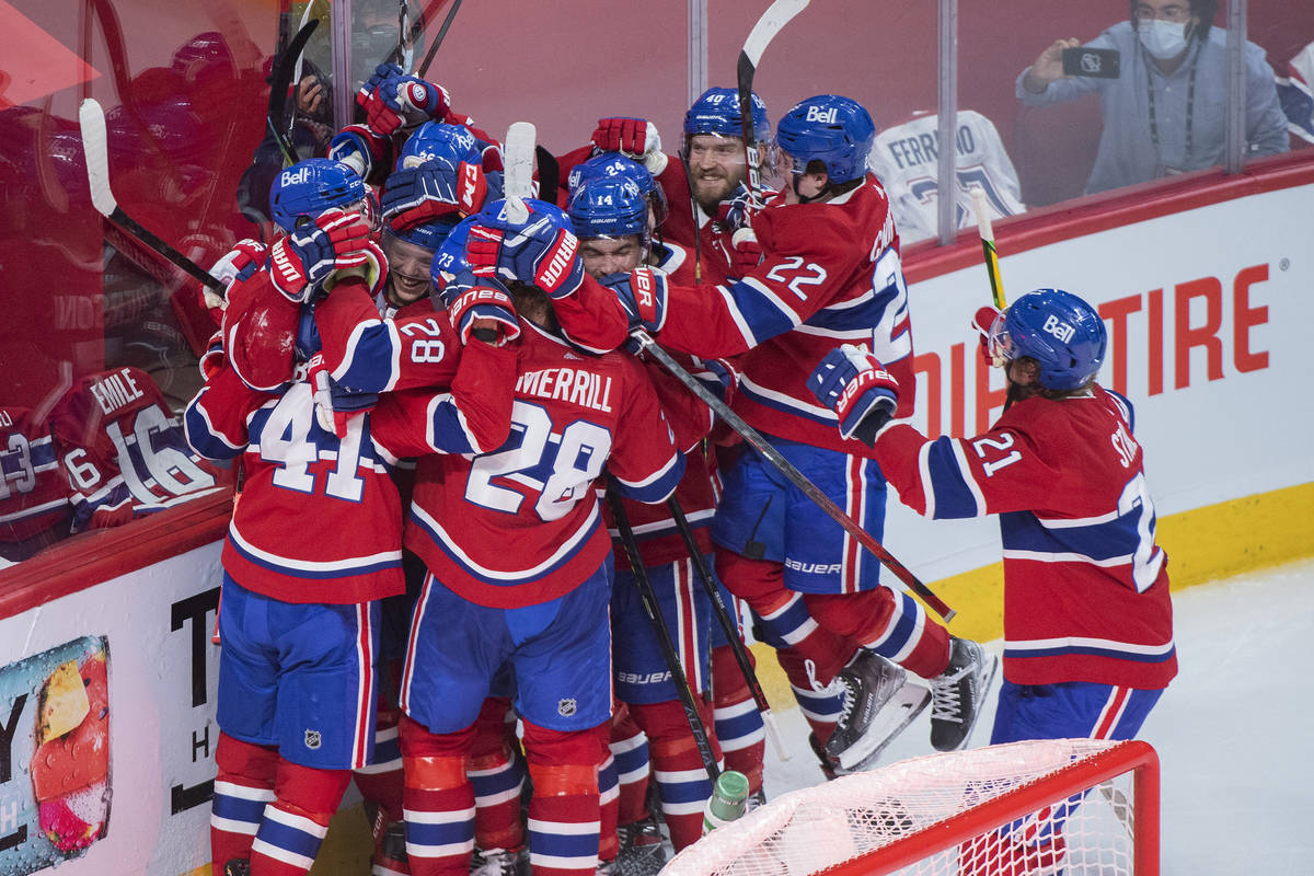 Montreal Canadiens celebrate Josh Anderson's goal against the Vegas Golden Knights during overt ...