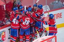 Montreal Canadiens celebrate Josh Anderson's goal against the Vegas Golden Knights during overt ...