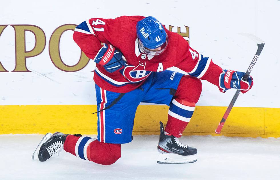 Montreal Canadiens' Paul Byron (41) celebrates his goal against the Vegas Golden Knights during ...