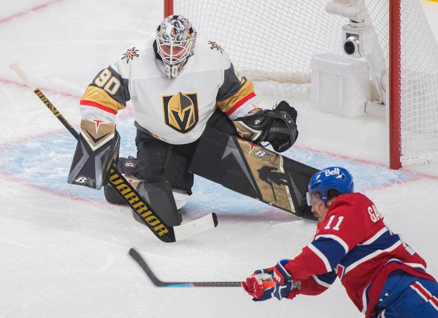 Montreal Canadiens' Brendan Gallagher (11) shoots against Vegas Golden Knights goaltender Robin ...