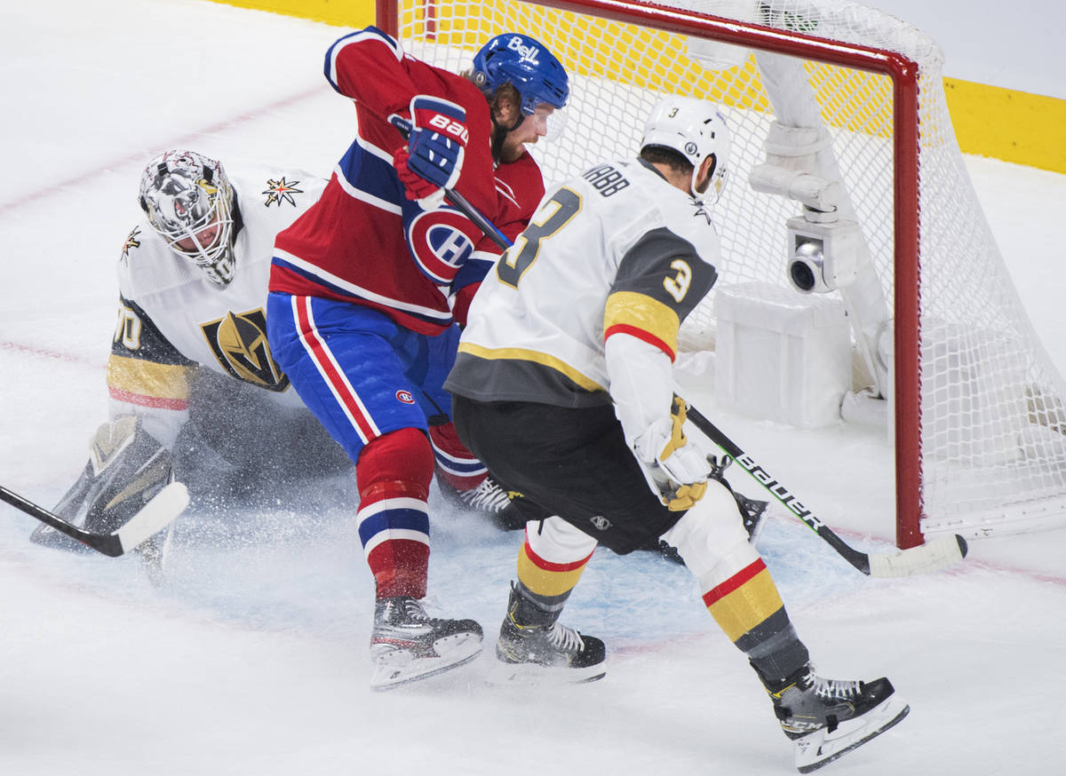 Montreal Canadiens' Eric Staal (21) moves in against Vegas Golden Knights goaltender Robin Lehn ...