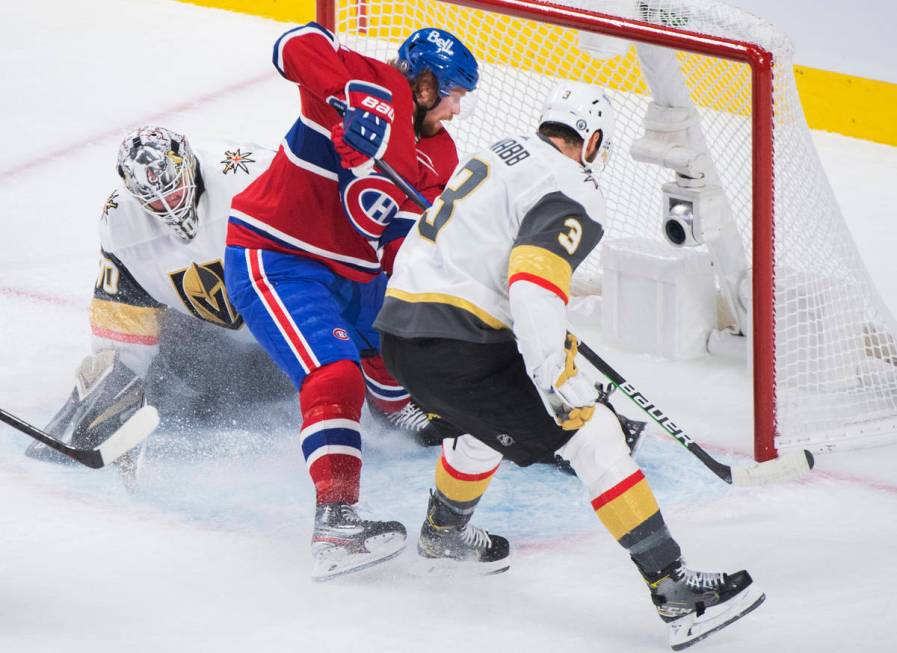 Montreal Canadiens' Eric Staal (21) moves in against Vegas Golden Knights goaltender Robin Lehn ...