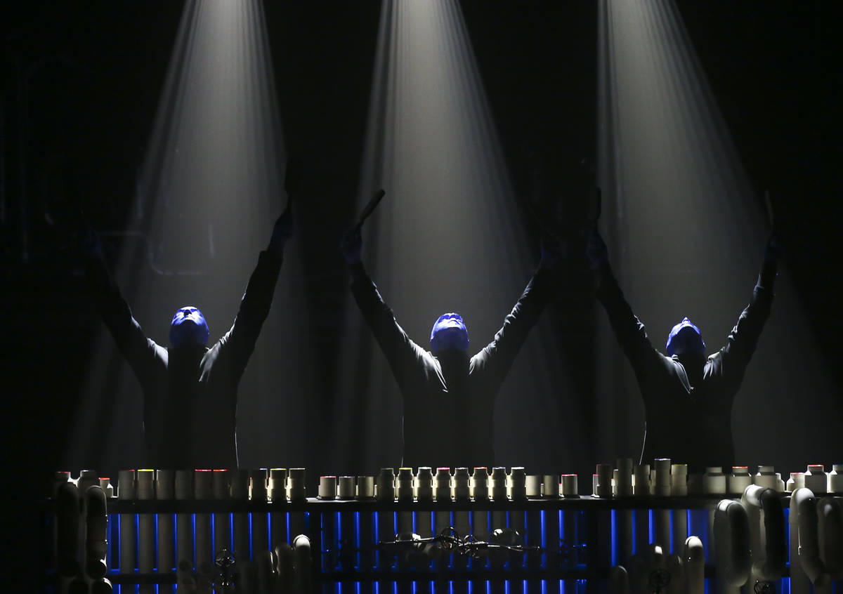 The Blue Man Group performs during a full dress rehearsal at the BMG Theater at the Luxor in La ...
