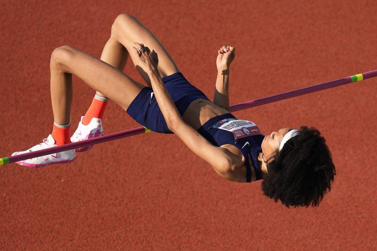 Vashti Cunningham competes during the finals of the women's high jump at the U.S. Olympic Track ...